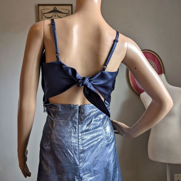 Vintage 90s y2k Scene Prom Gown Blue Floral Embroidery Beaded Fringe Size 9/10 - Picture 6 of 17